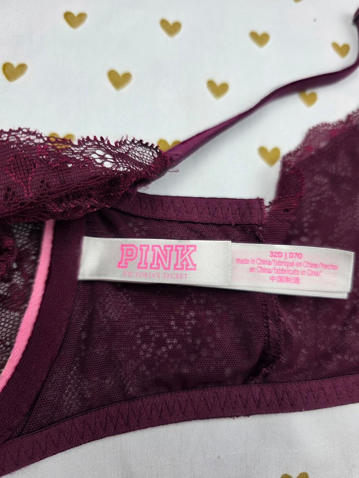 Victorias Secret PINK Front Close Racerback Maroon Bra Push Up 32D