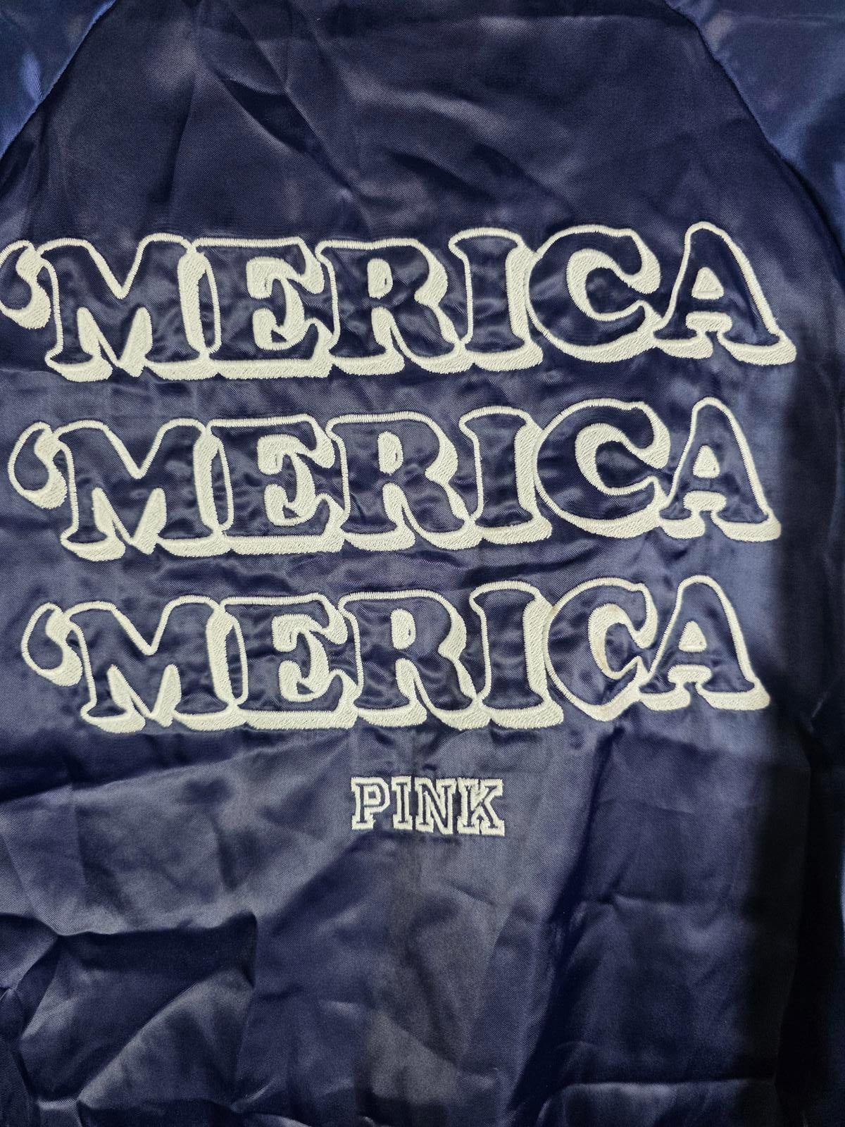 Victorias Secret Pink PATRIOTIC USA 'MERICA Bomber Jacket SATIN Medium