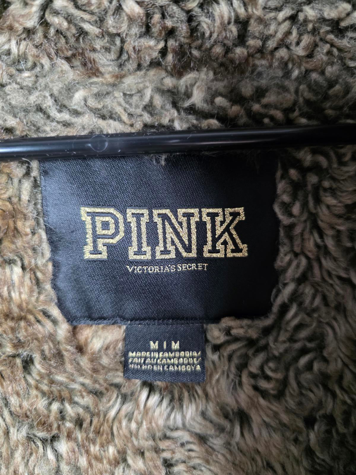 Victorias Secret Pink FUR LINED BLING Gold Sequined Hoodie Jacket Full Zip MED