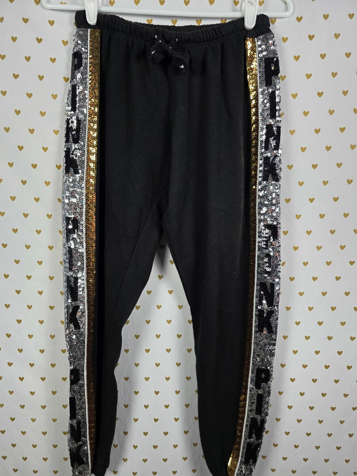 Victorias Secret PINK BLING Sequined 86 RARE Joggers Campus Tee Set Gold Stripe
