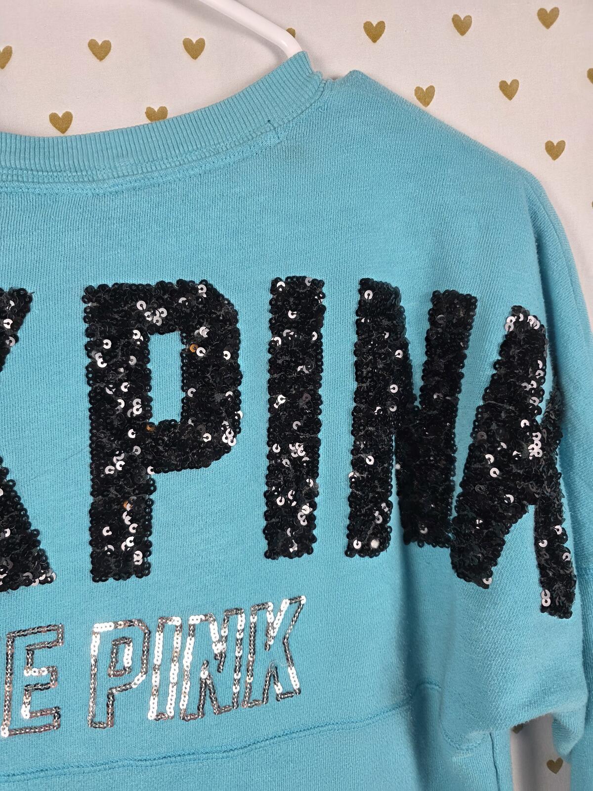 Victorias Secret Pink BLING SEQUINED Campus Sweater Shirt Blue Oversized XS