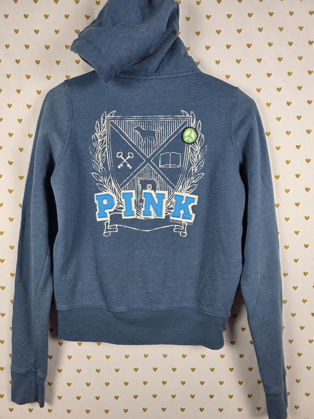 Victorias Secret Pink Embroidered Patch Full Zip Hoodie Blue Vintage Y2k xs