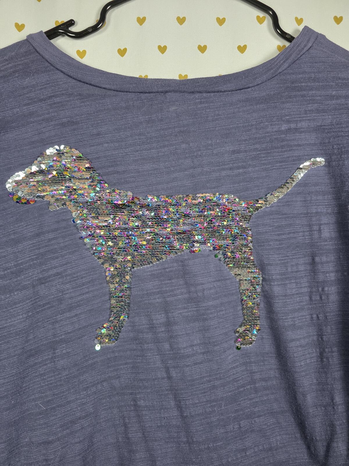 Victorias Secret PINK RAINBOW DOG BLING Sequined V Neck Tee Shirt Blue MED