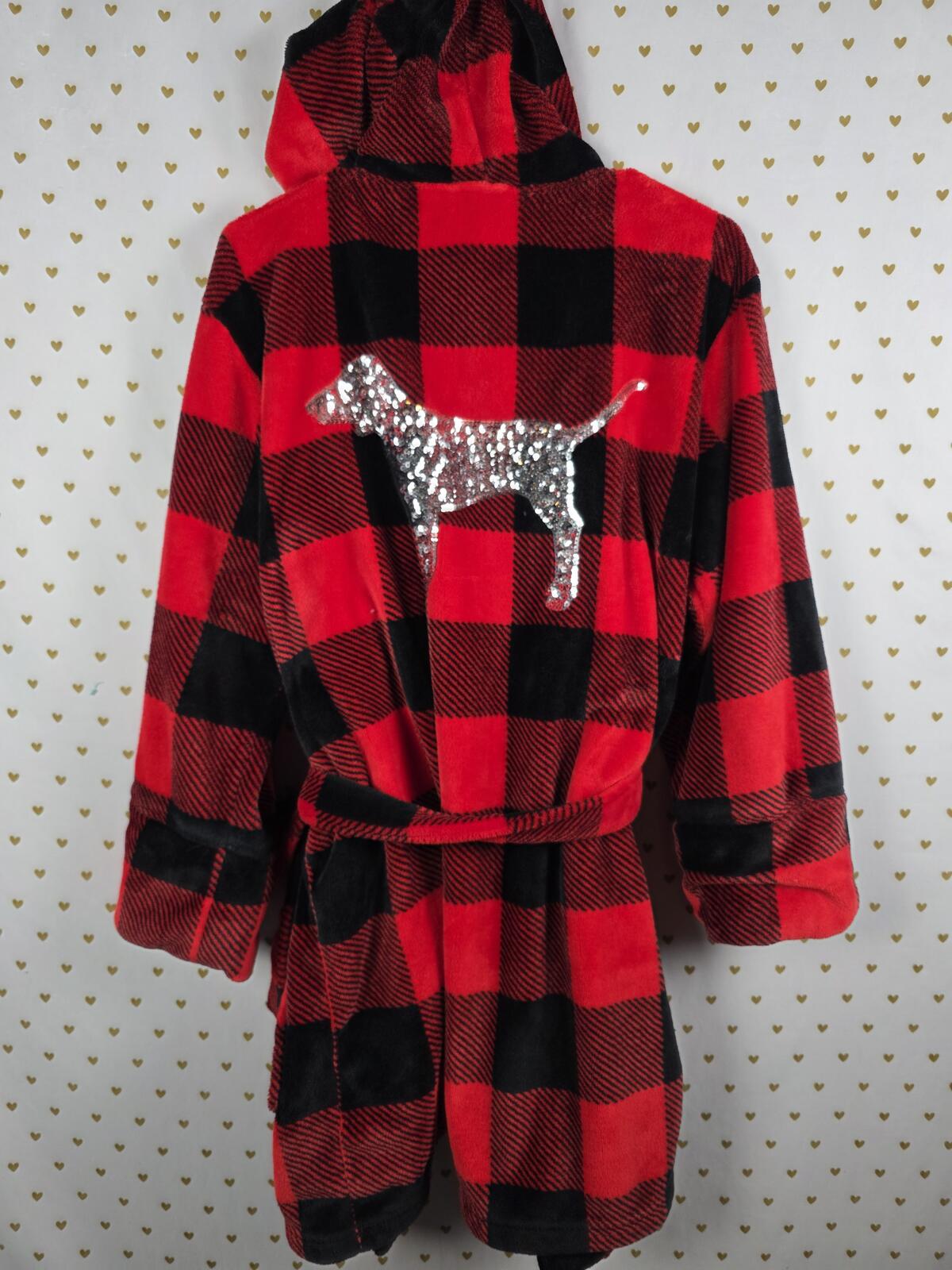 Victorias Secret Soft Fluffy Robe BUFFALO PLAID BLING SEQUINED Plush Hooded xs s