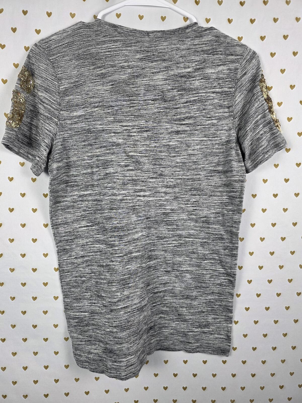 Victorias Secret PINK Grey BLING gold sequined tee shirt 86 Logo MEDIUM