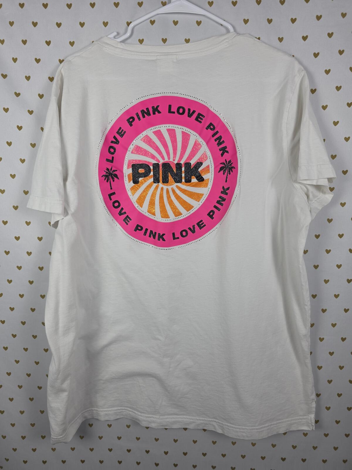 Victorias Secret PINK BLING Shine Rare Logo Tee shirt White Glitter 2XL XXL