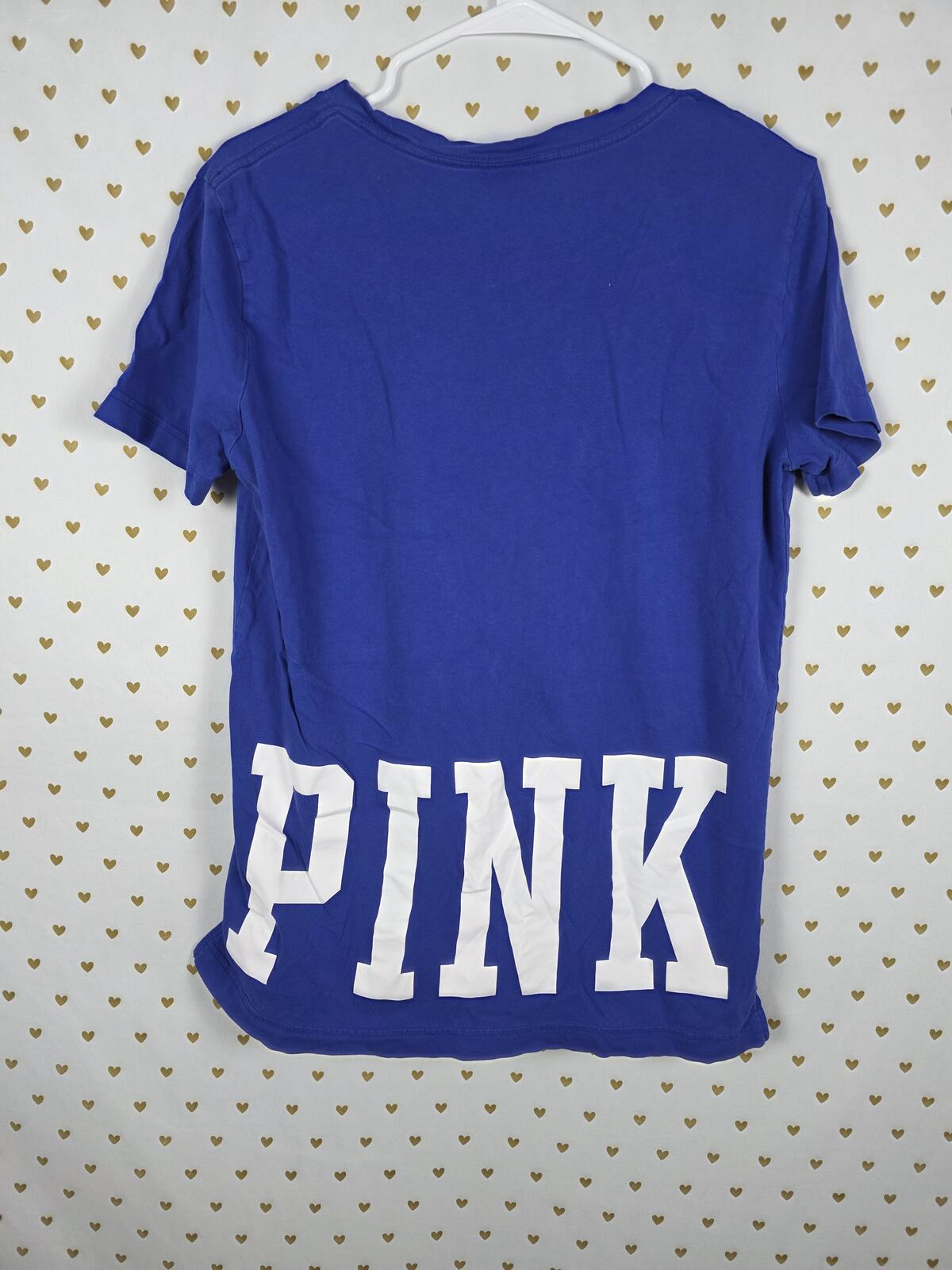 Victorias Secret PINK V Neck Mesh Neck Logo Blue Tee shirt SMALL