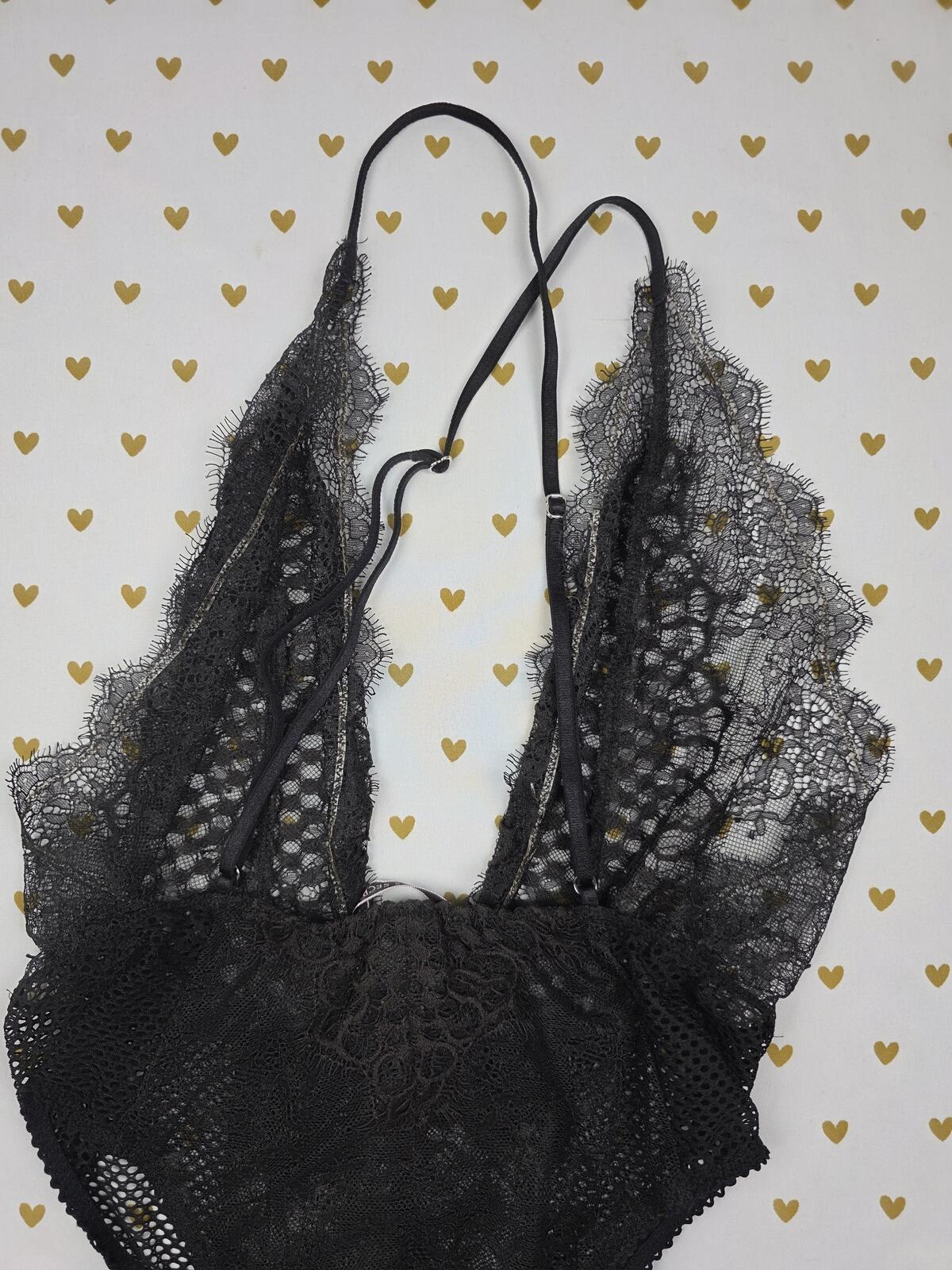 Victorias Secret Black Sheer Strappy Lace Bodysuit Teddy MEDIUM Cheeky Lingerie
