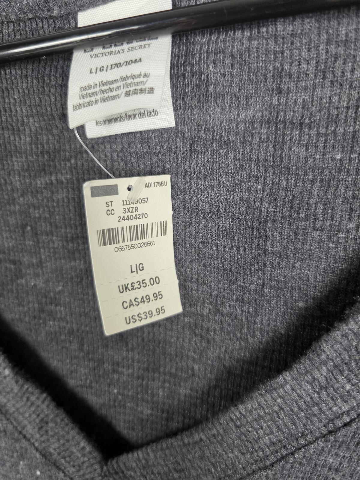 Victorias Secret PINK Waffle Thermal Long Sleeve Grey NEW NWT V neck Shirt L