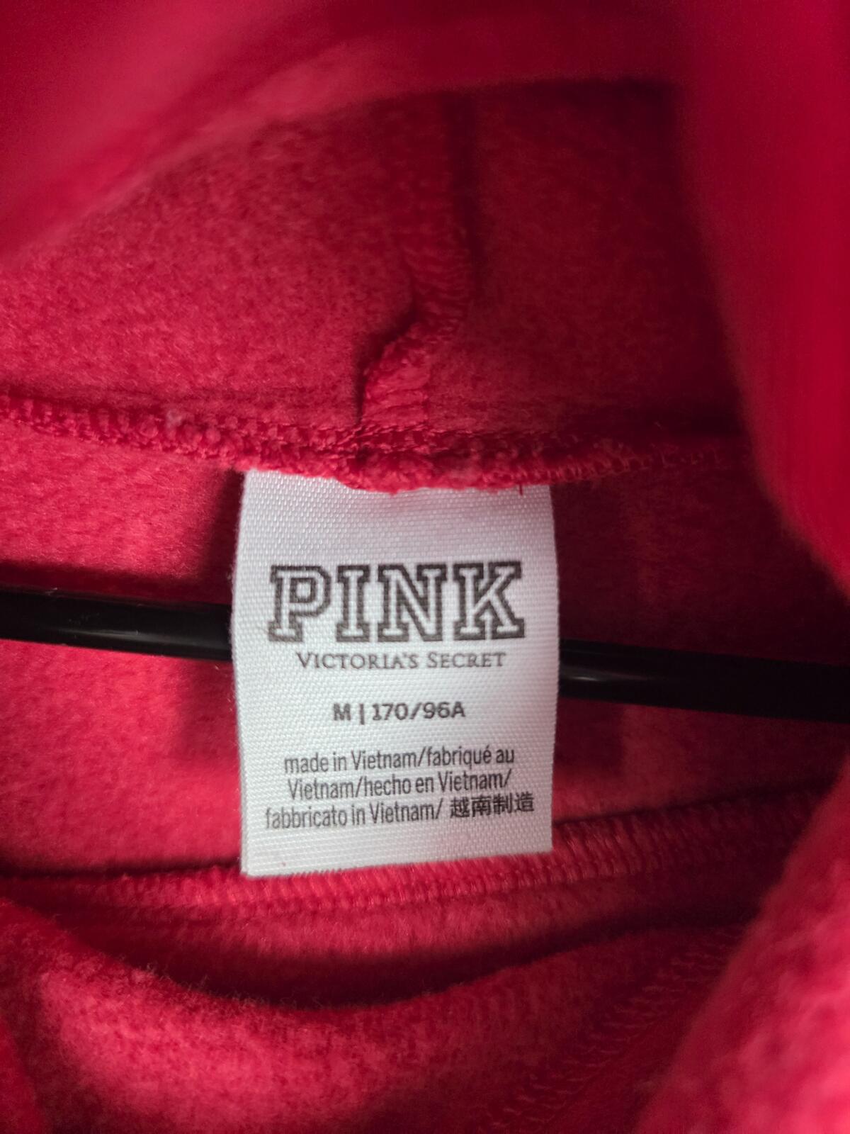 Victorias Secret Pink Red BLING Logo Sequined Pullover Hoodie Sweater Shirt MED