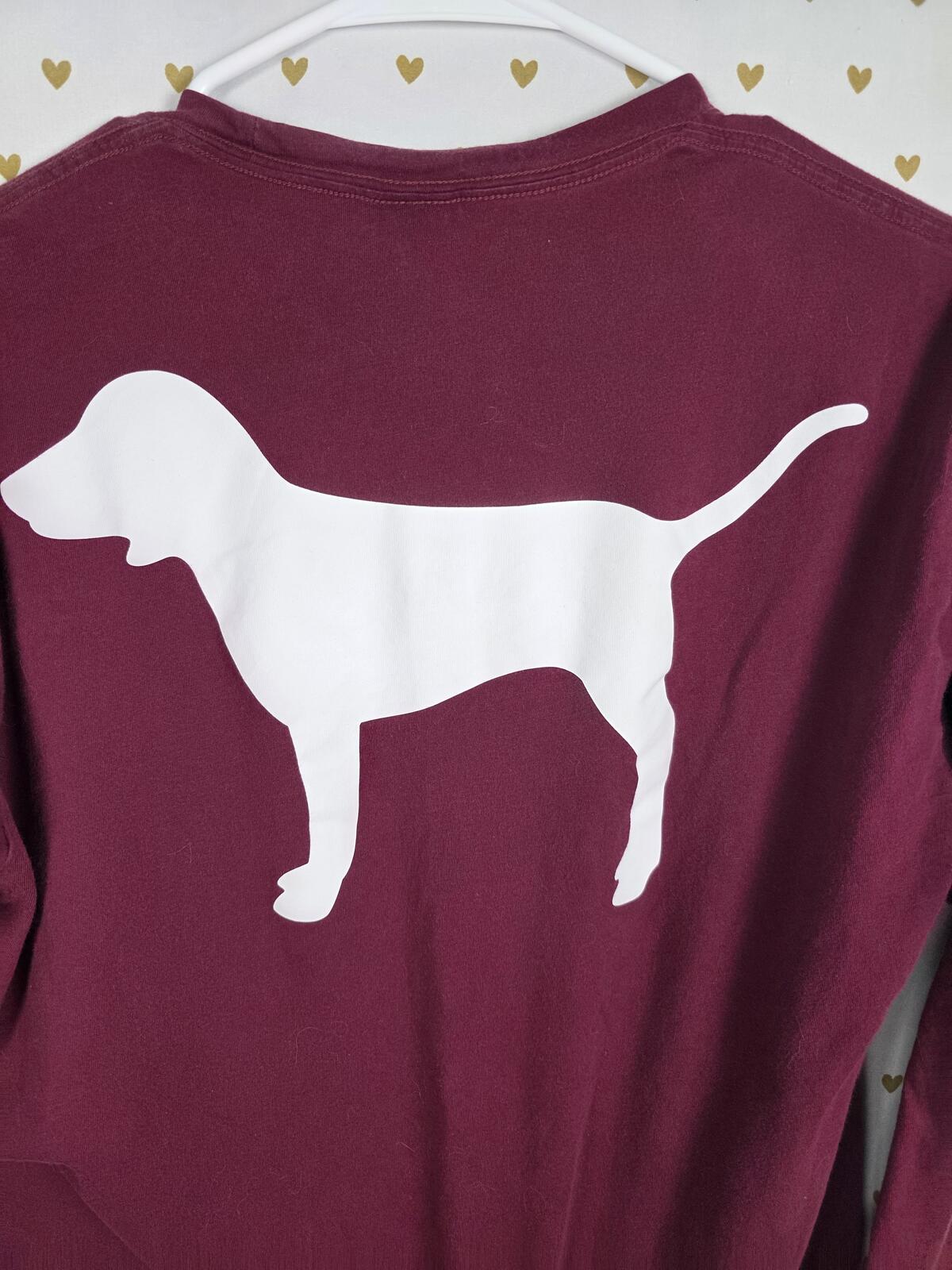 Victorias Secret PINK Dog Logo Campus tee shirt Long Sleeve Maroon Small