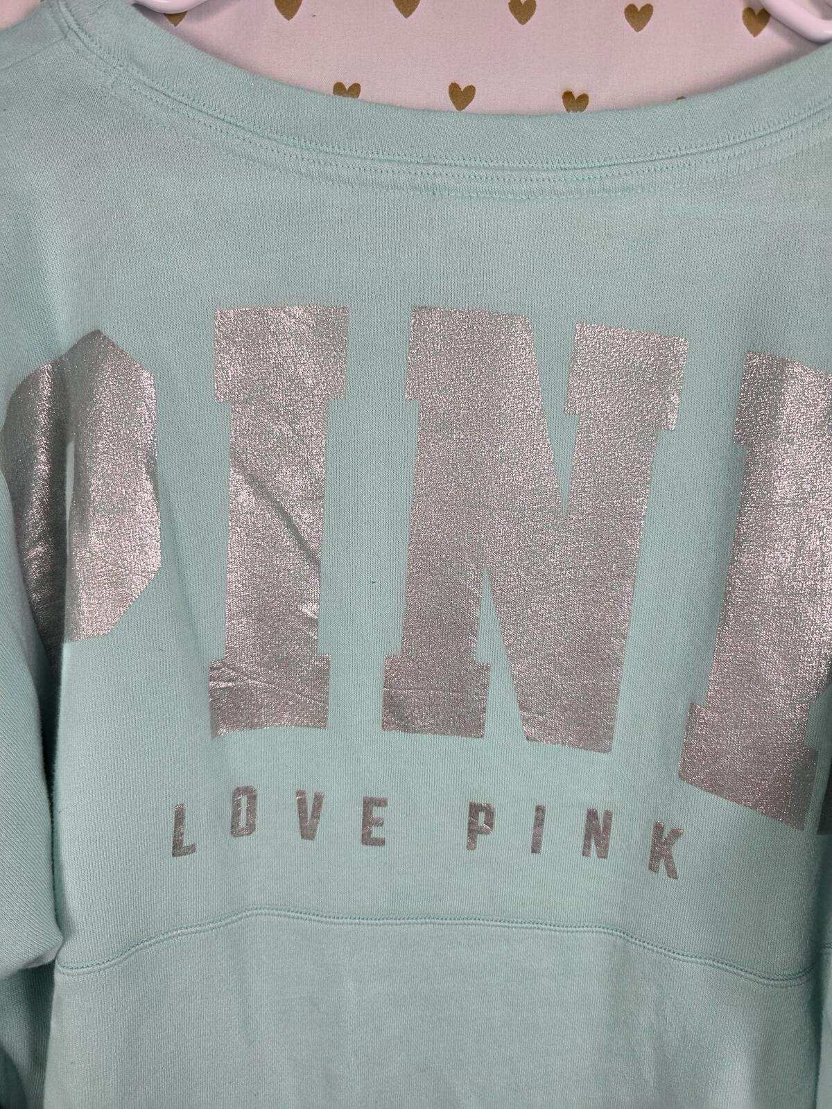Victorias Secret Pink Mint Campus Oversized Sweater Shirt Foil Logo LARGE