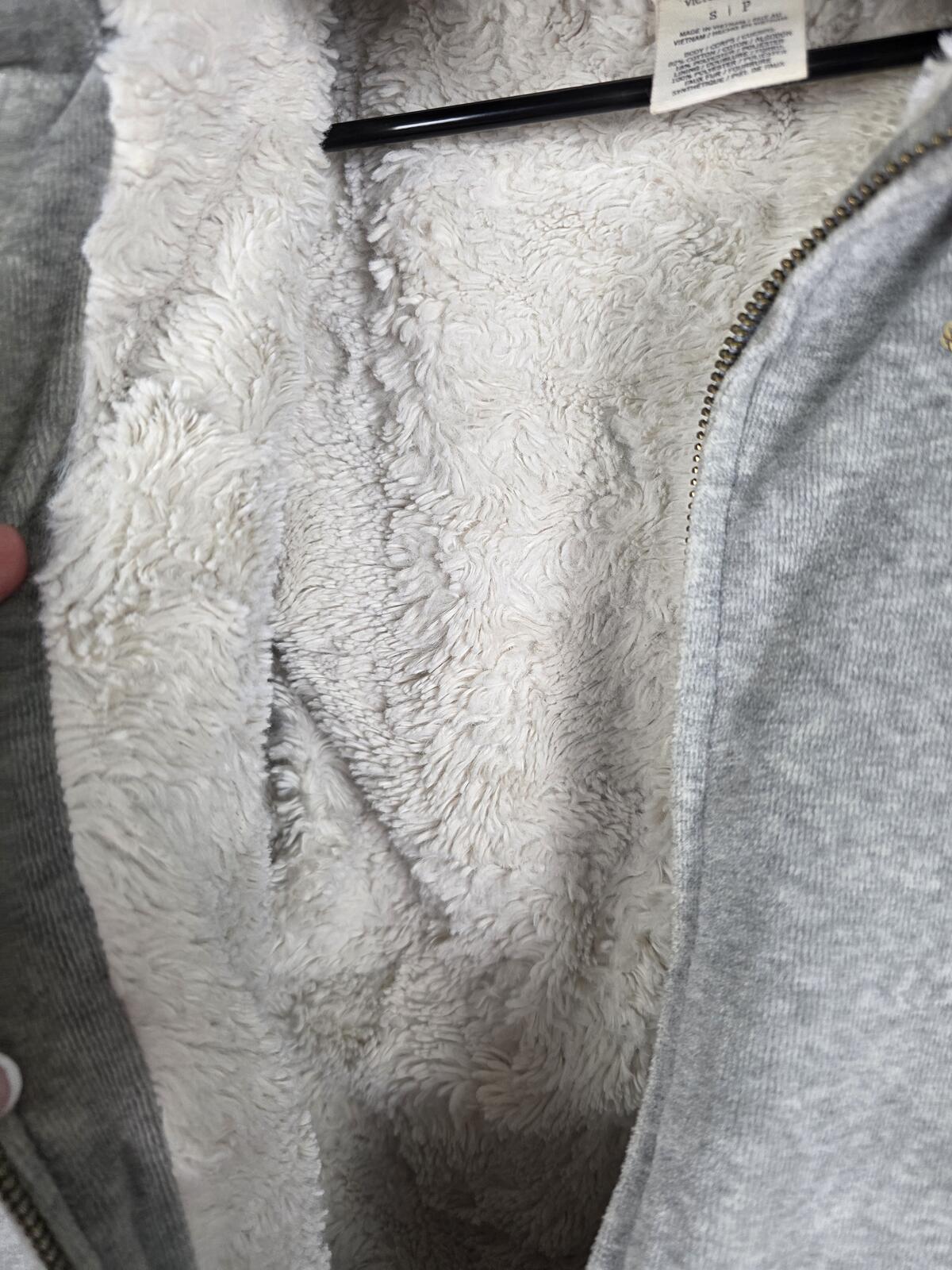 Victorias Secret Pink Grey VELOUR FUR LINED Hoodie Jacket BLING Gold Sequined S