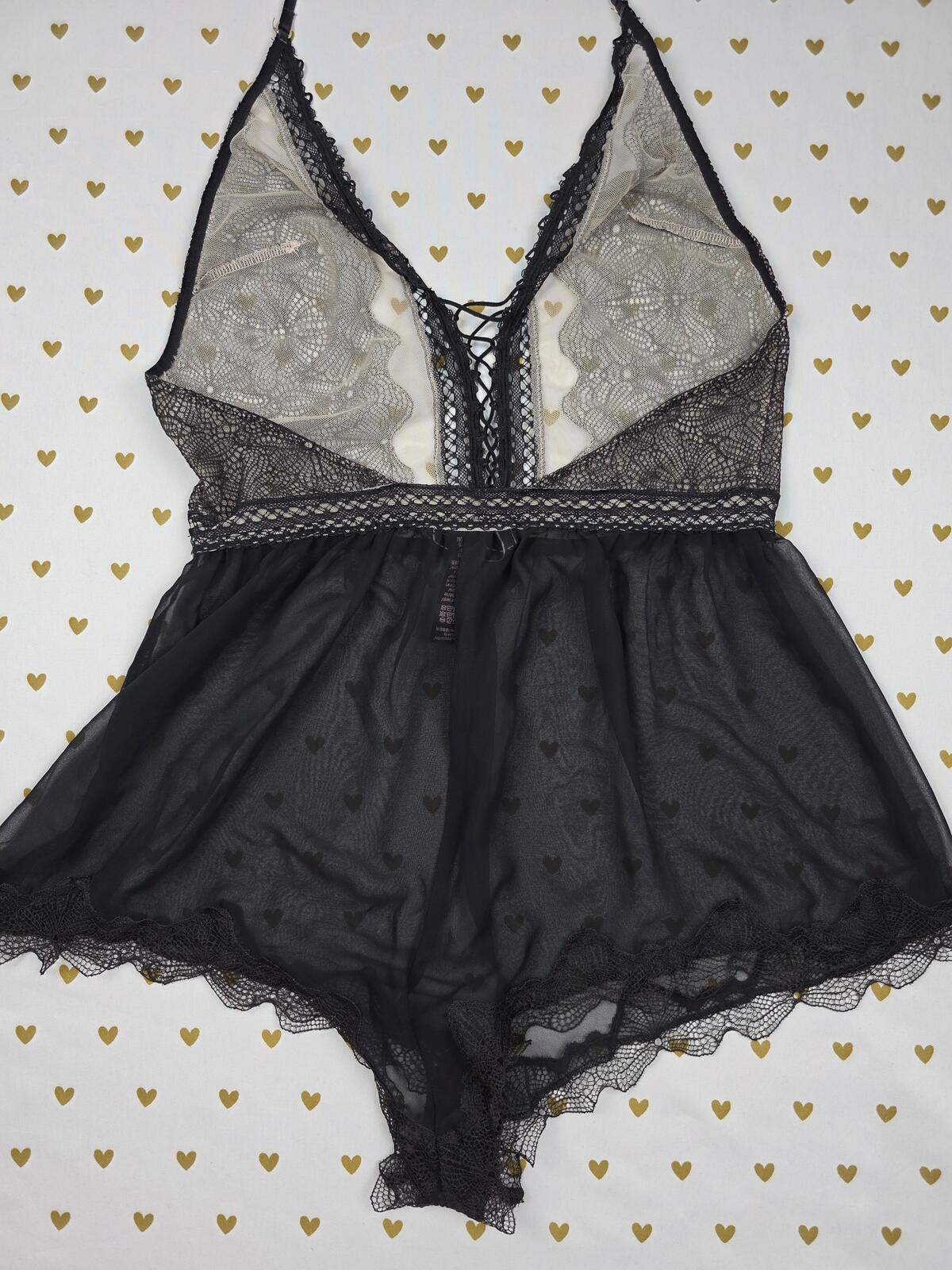 Victorias Secret Black Sexy Sleep ROMPER Lingerie Nightie Black Sheer Lace SMALL