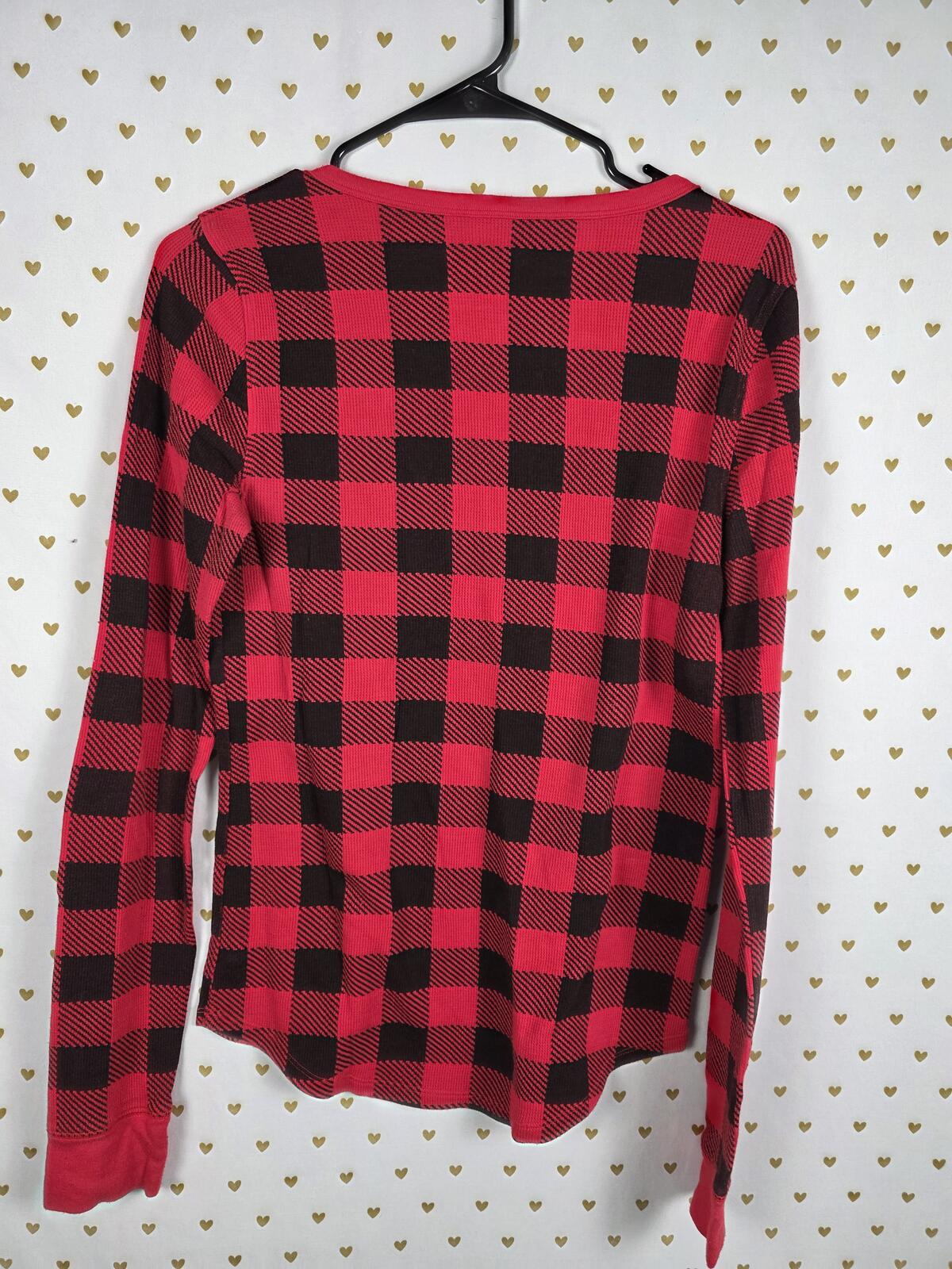 Victorias Secret PINK Waffle Buffalo Plaid Check Thermal Shirt Red Black Large