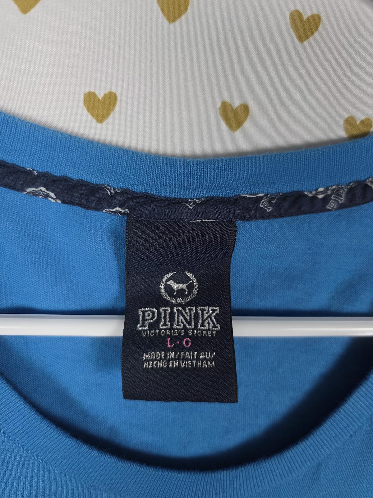 Victorias Secret PINK Vintage Blue Y2K Bling Heart Sequined Tee shirt LARGE