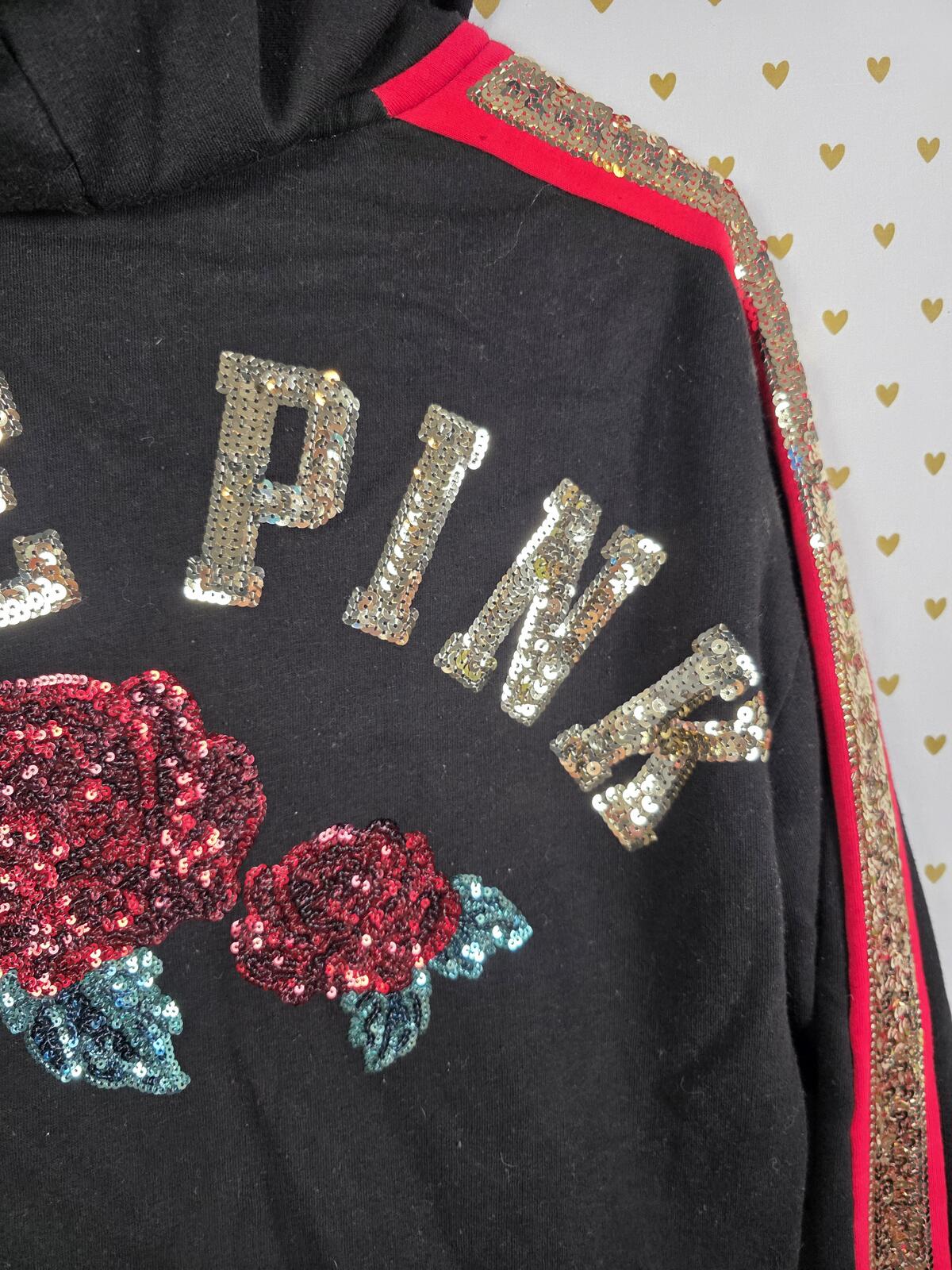 Victorias Secret Pink BLING SEQUINED Rose LOVE Pullover Hoodie Sweater Medium