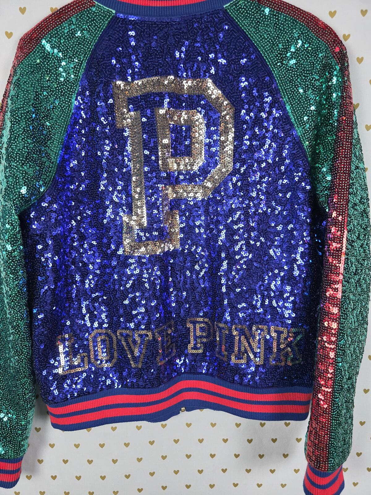 Victoria's Secret PINK Sequin Bomber Jacket Blue Green Red Love Varsity SMALL