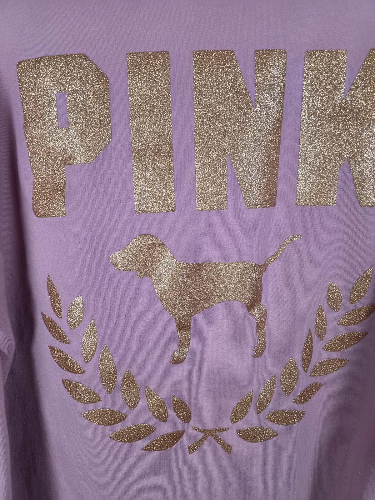 Victorias Secret Pink GLITTER BLING Pullover Crest logo Sweater Hoodie LARGE
