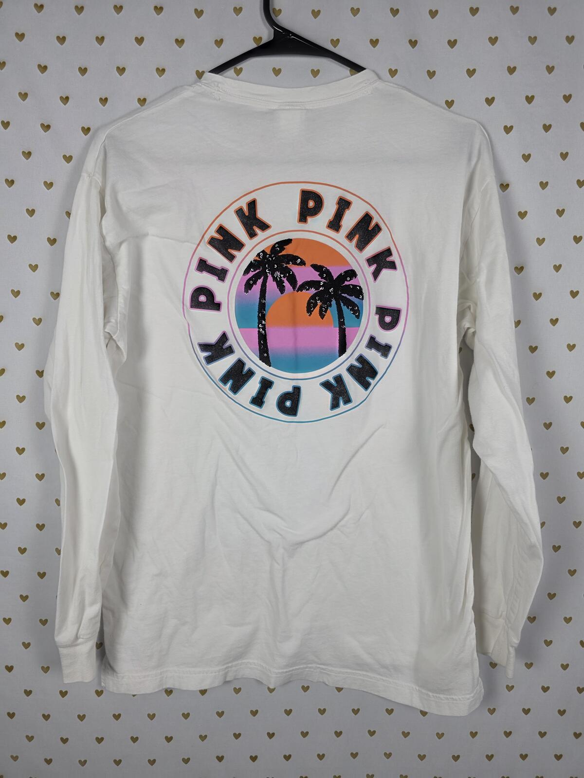 Victorias Secret PINK HTF Rare PALM BLING Crest Logo Long sleeve Tee shirt SMALL