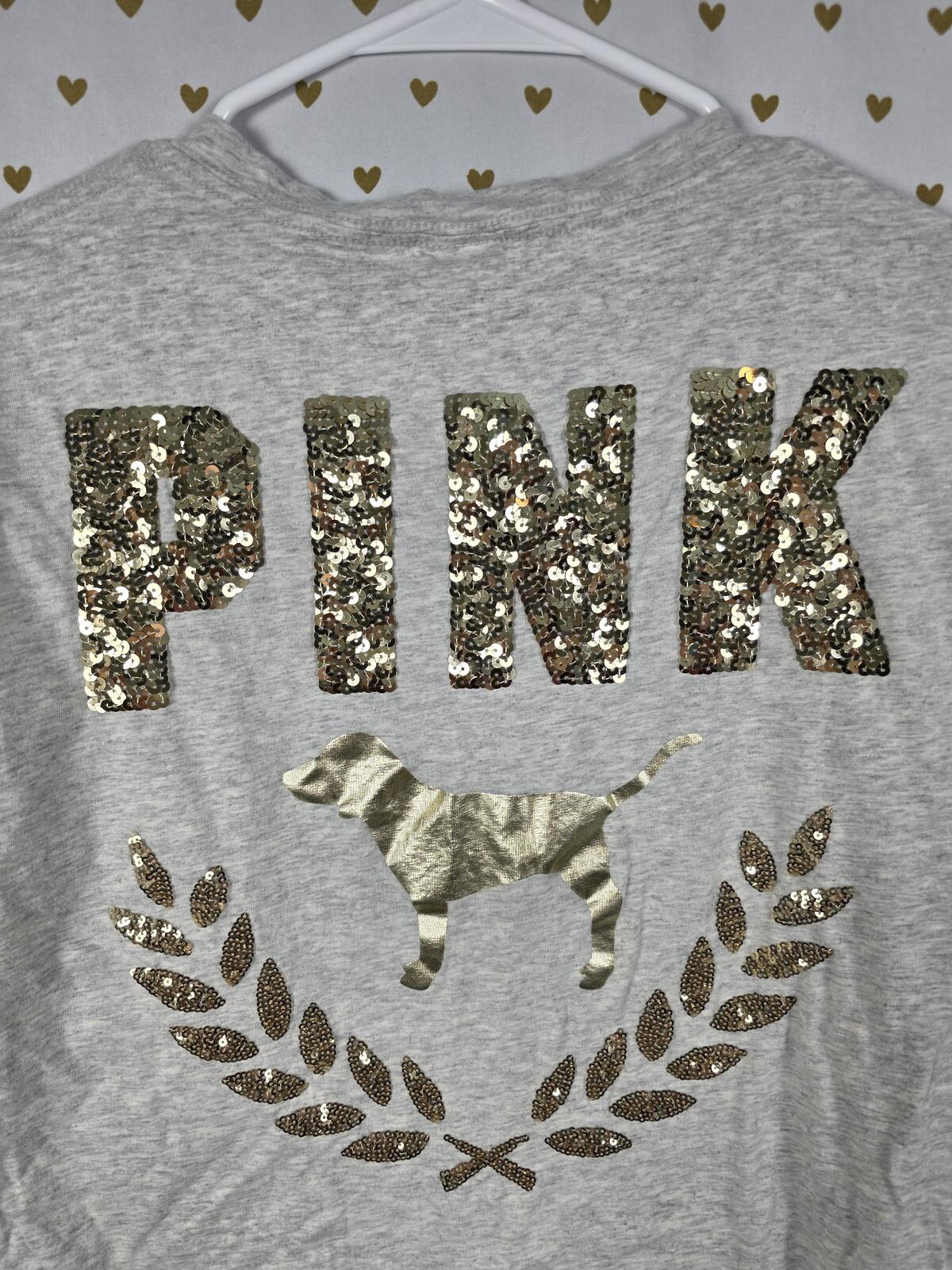 Victorias Secret PINK gold bling crest sequined tee shirt Large