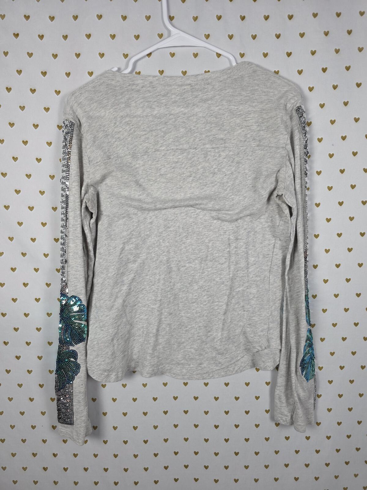 Victoria's Secret PINK Gray Long Sleeve Sequin Logo Tropical Leaf Bling Top SM