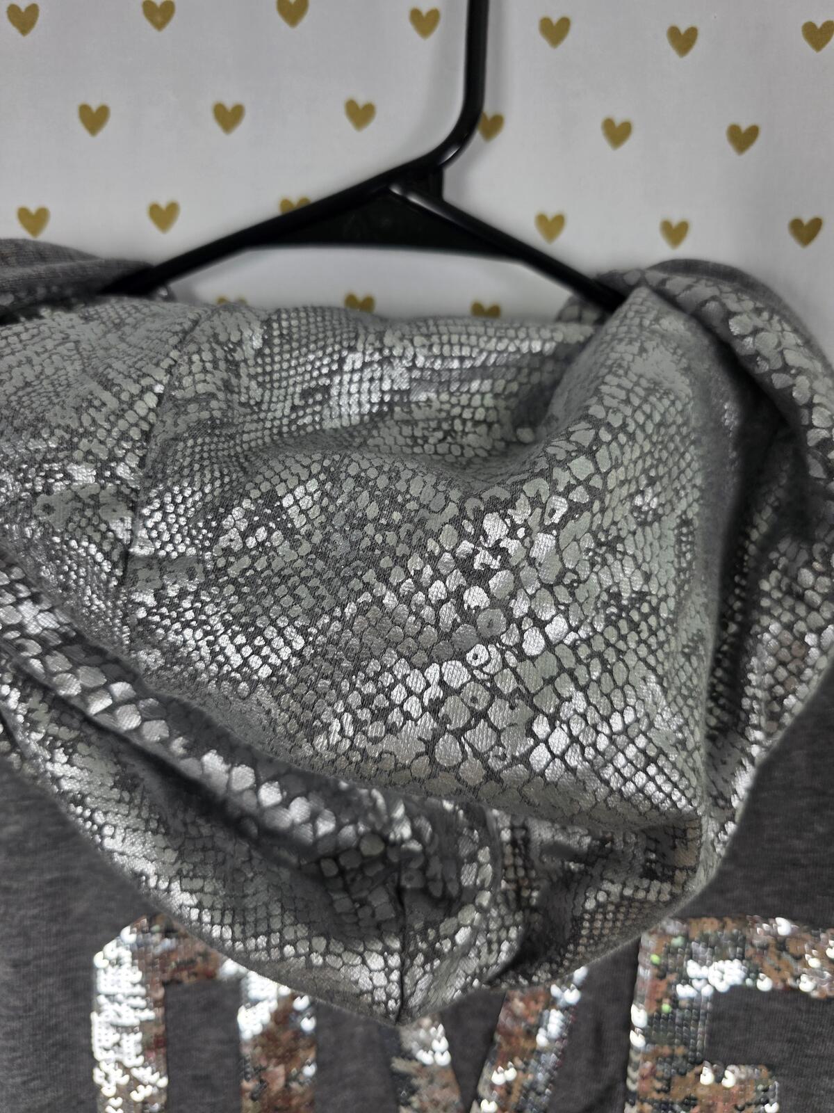 PINK Victoria's Secret Gray Zip Hoodie Silver Sequin LOVE PINK Size M Bling