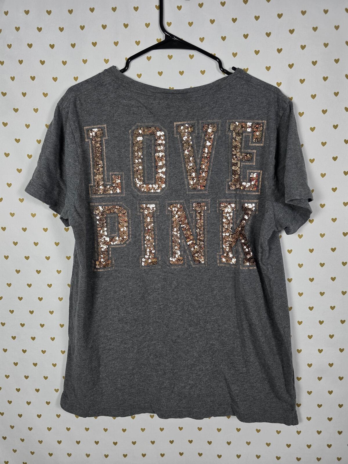 Victorias Secret PINK LOVE short sleeve Gold Bling Sequined Tee shirt Grey MED