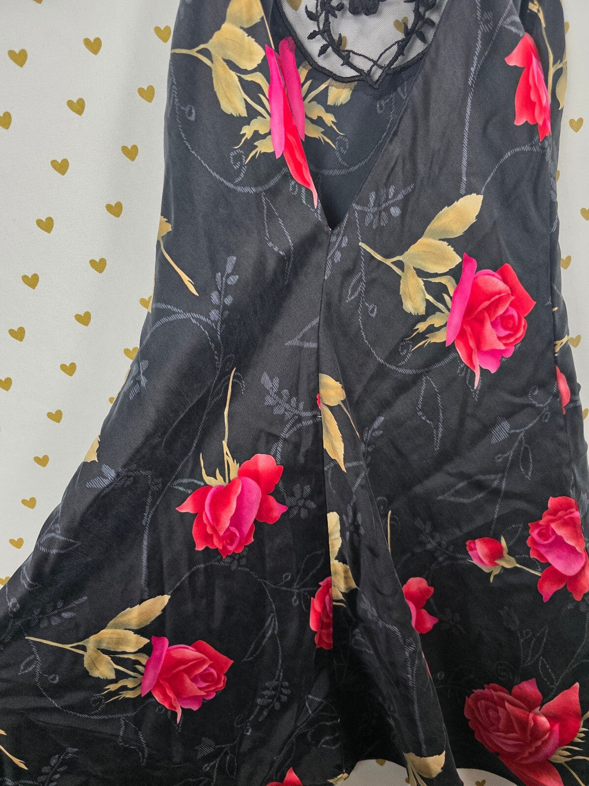 Vintage Victoria's Secret 100% Silk Slip Dress M Black Pink Rose Floral Lace