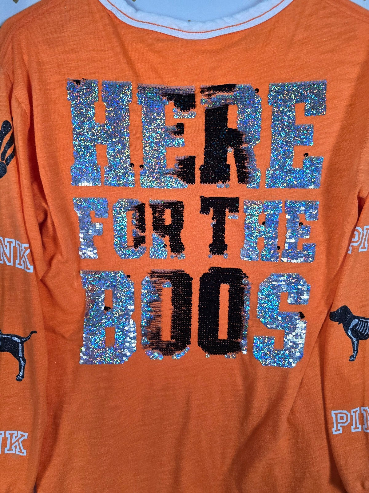Victorias Secret PINK HTF HALLOWEEN Here for the BOOS BLING Tee Sequined XS