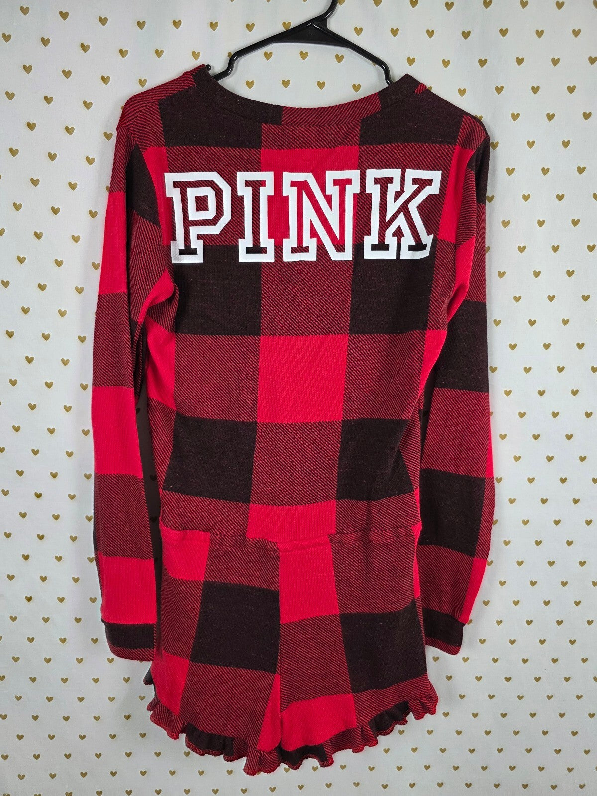 Victorias Secret Buffalo Plaid PINK Checkered Sleep Romper Logo Back Outfit L