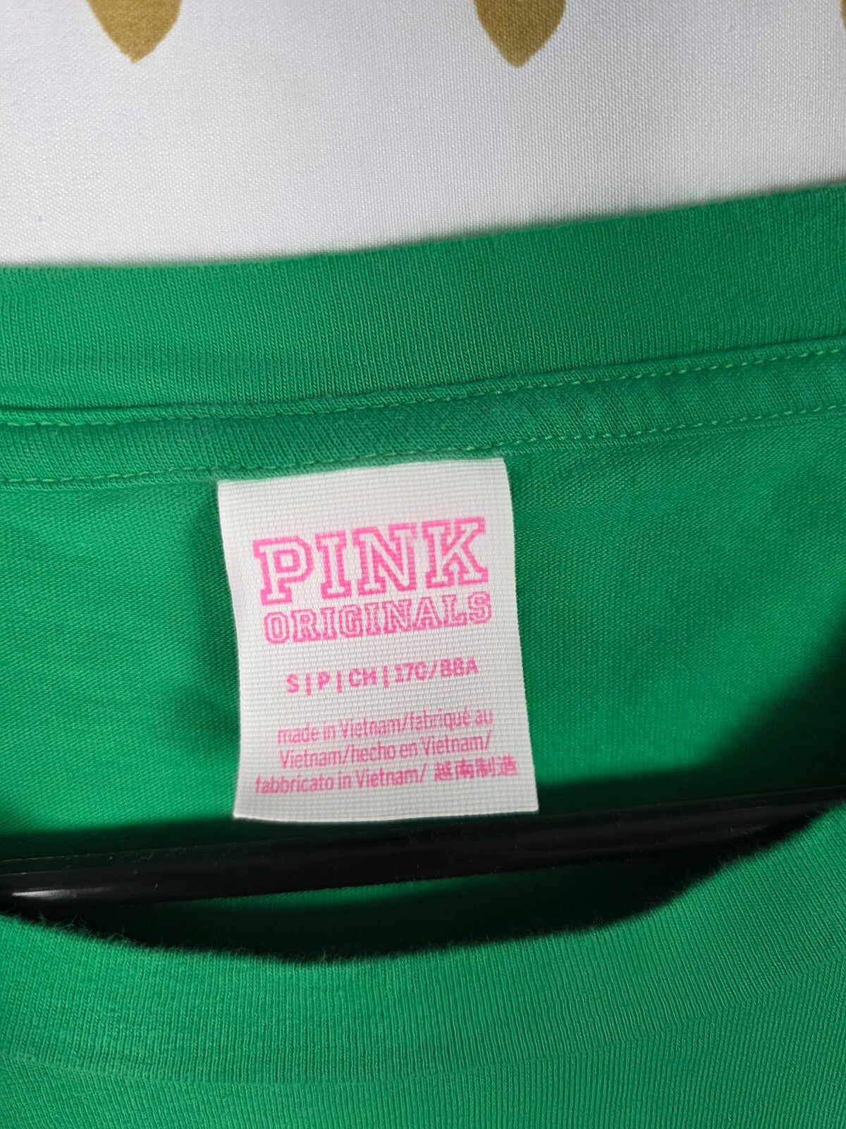 PINK Victoria's Secret Love Heart Glitter Tee Green SMALL Shirt Campus Originals