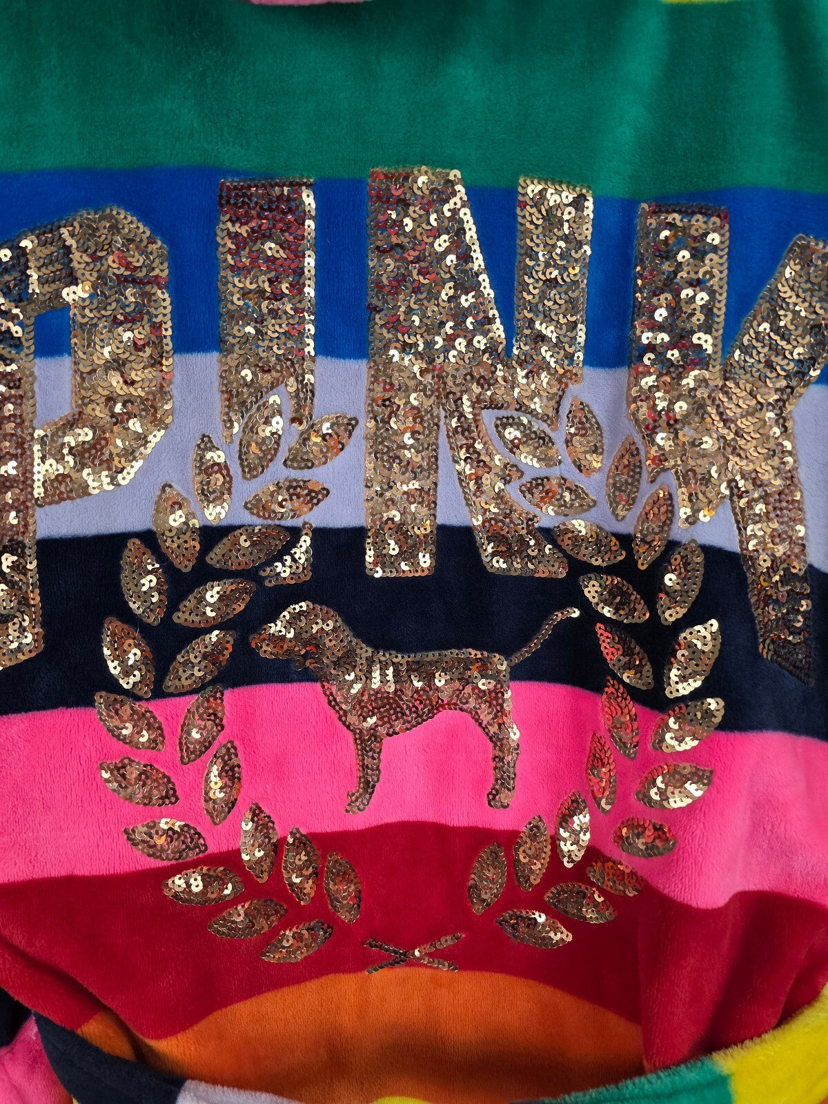 Victoria's Secret PINK Rainbow Stripe Gold Sequin Sherpa Hooded Robe M/L
