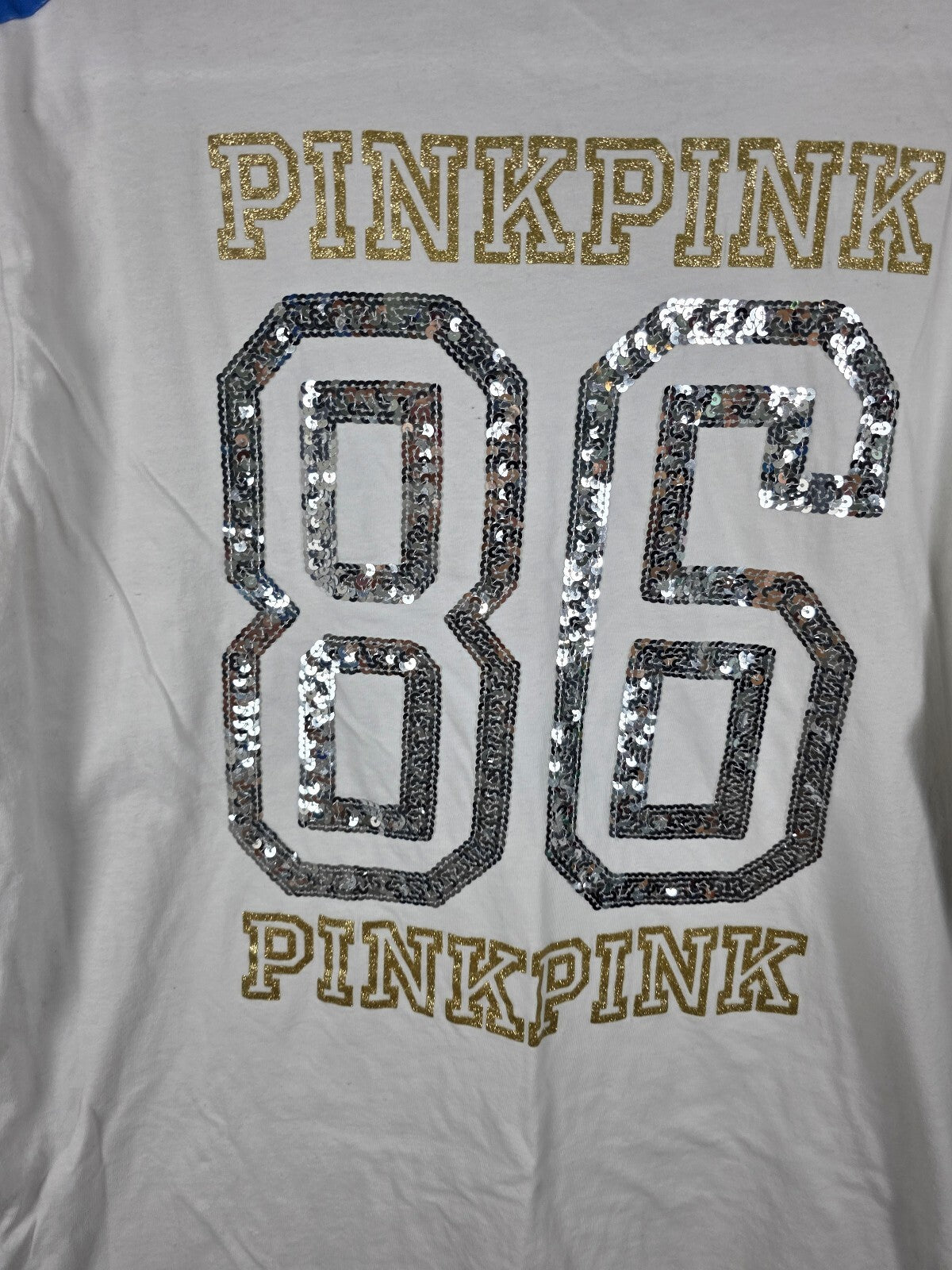 Victorias Secret PINK HTF Bling Sequined 86 White Tee Shirt Silver XL