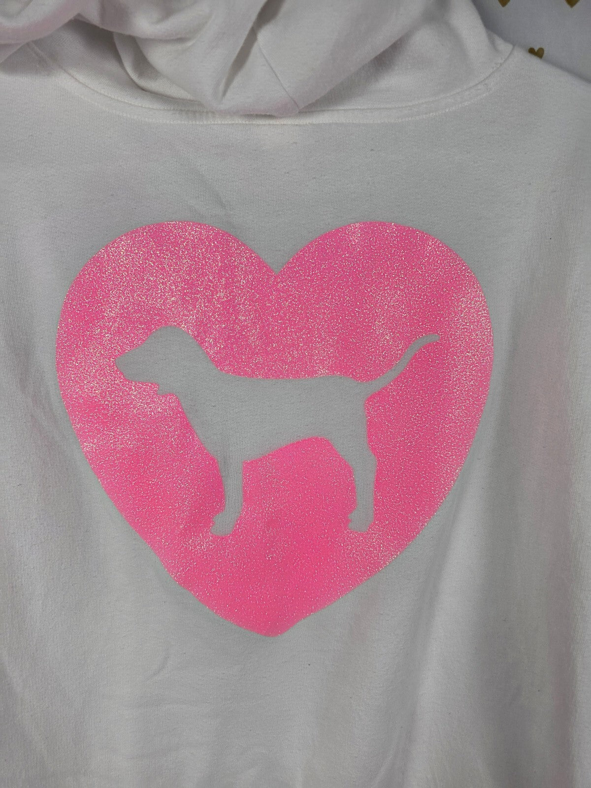 Victorias Secret Pink CAMPUS ORIGINALS White Glitter Heart Pullover Sweater L