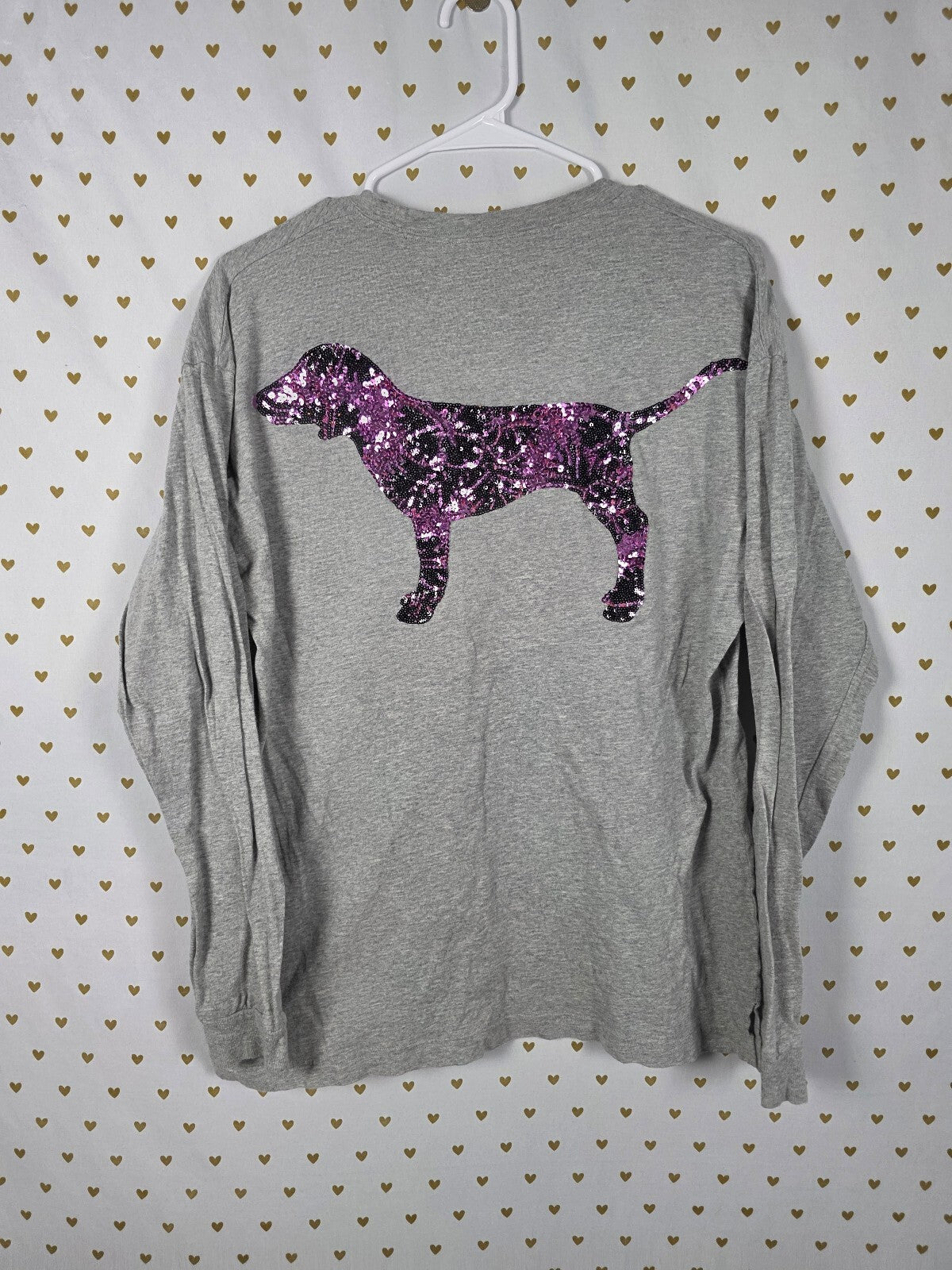Victorias Secret PINK Purple DOG LOGO Bling Campus Long Sleeve Pocket Tee MEDIUM