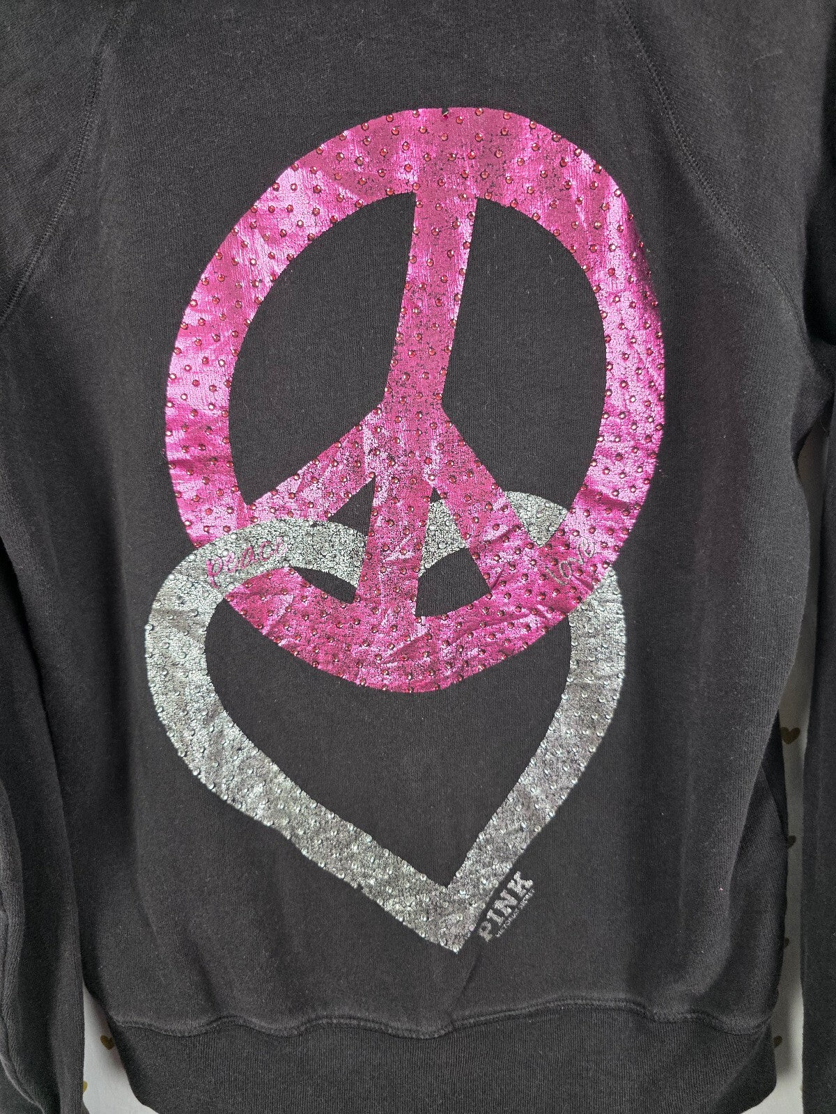 Victorias Secret Pink Vintage Y2k PEACE Love Full ZIp Hoodie Jacket Black Medium