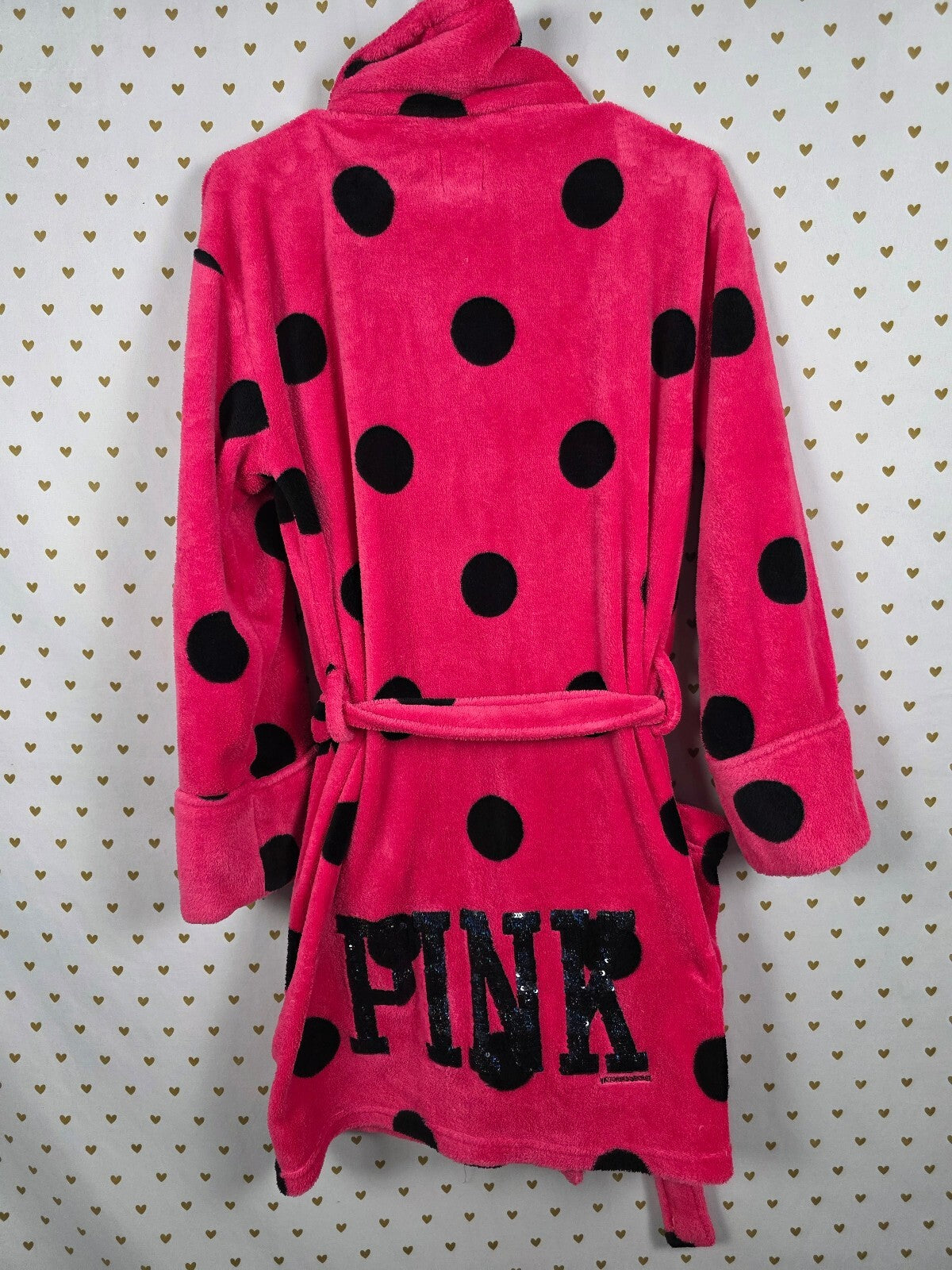 Victorias Secret Pink Bling Polka Dot Fluffy Warm Sequined Logo Robe XS SMALL