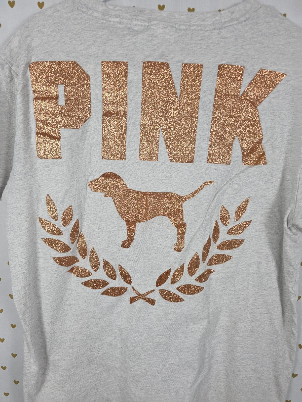 Victorias Secret PINK GOLD BLING Glitter Tee shirt Pocket LARGE