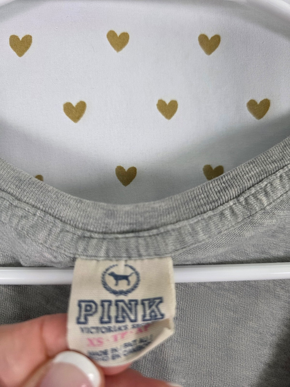 Victorias Secret PINK Grey V neck XS Logo Heart Tee shirt Vintage Y2k