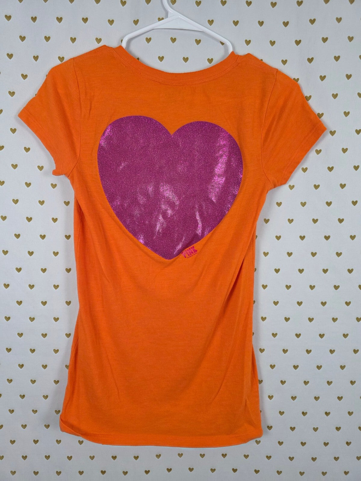 Vintage 2009 Victoria's Secret PINK Imagine Tee Orange Metallic Heart Y2K S