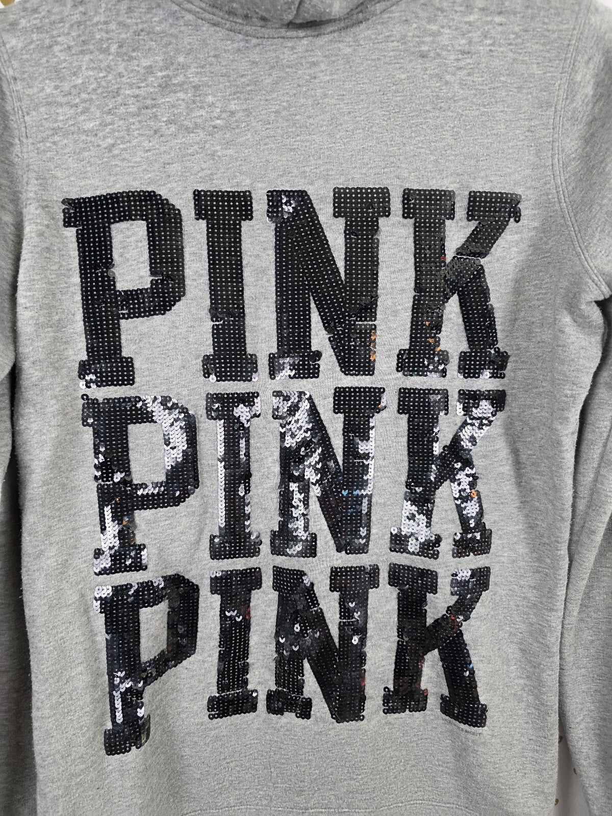Victorias Secret Pink Bling Full zip Hoodie Sweater Sequined Logo Grey XS