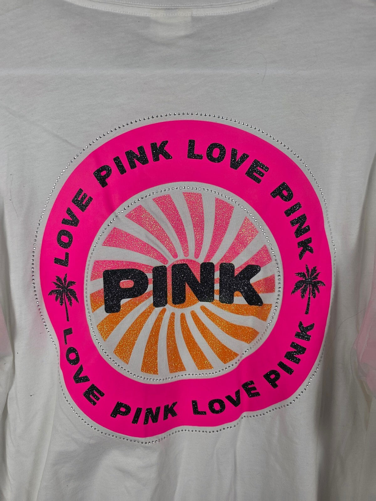 Victorias Secret PINK Long Sleeve Tee Shirt BLING Logo Glitter LARGE