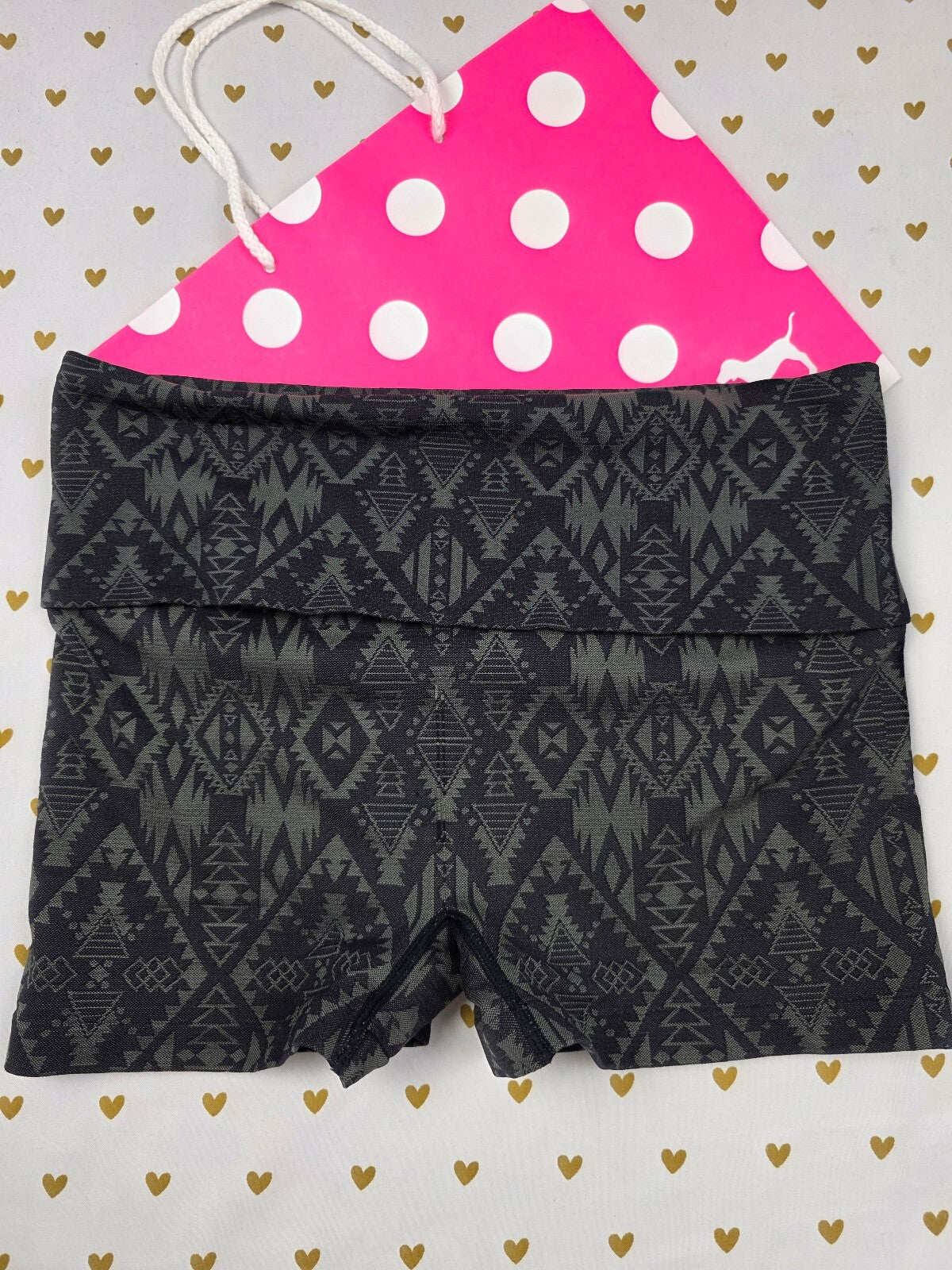 Victoria's Secret PINK Foldover Yoga Shorts Black Gray Aztec Tribal Vintage Med
