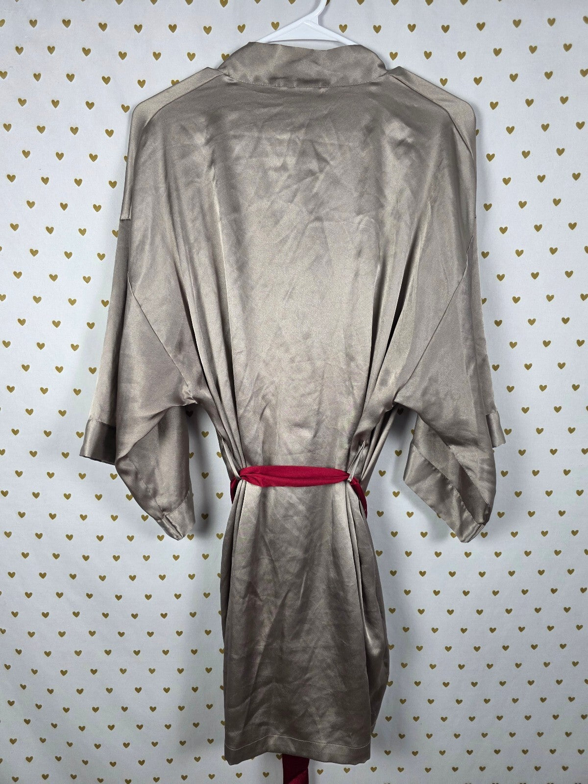 Victoria's Secret Satin Kimono Robe M/L Taupe Gray Burgundy Sash Short