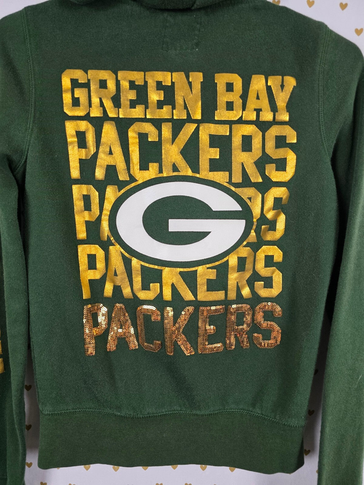VS PINK Green Bay Packers Hoodie S NFL Sequin 21 BLING Full Zip 5th Ocean