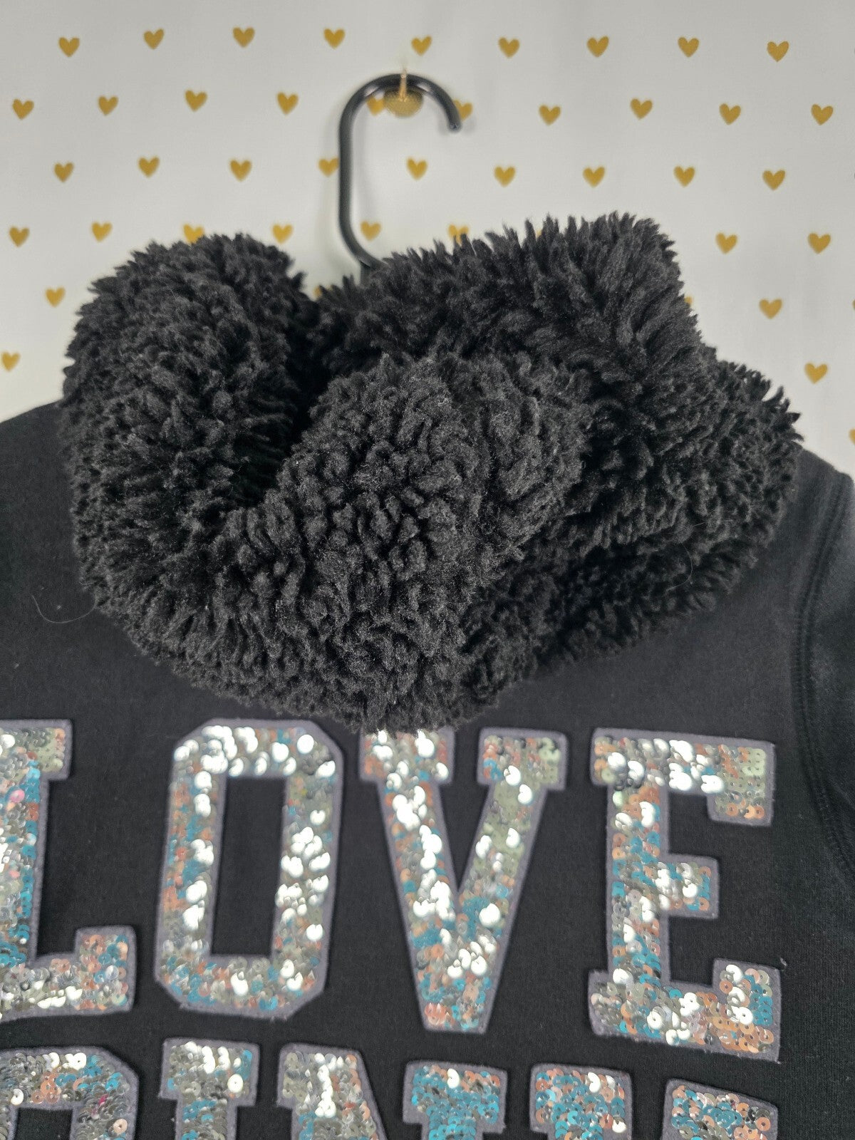 Victorias Secret Pink Fur lIned Bling Sequined Hoodie Jacket Black Silver XS