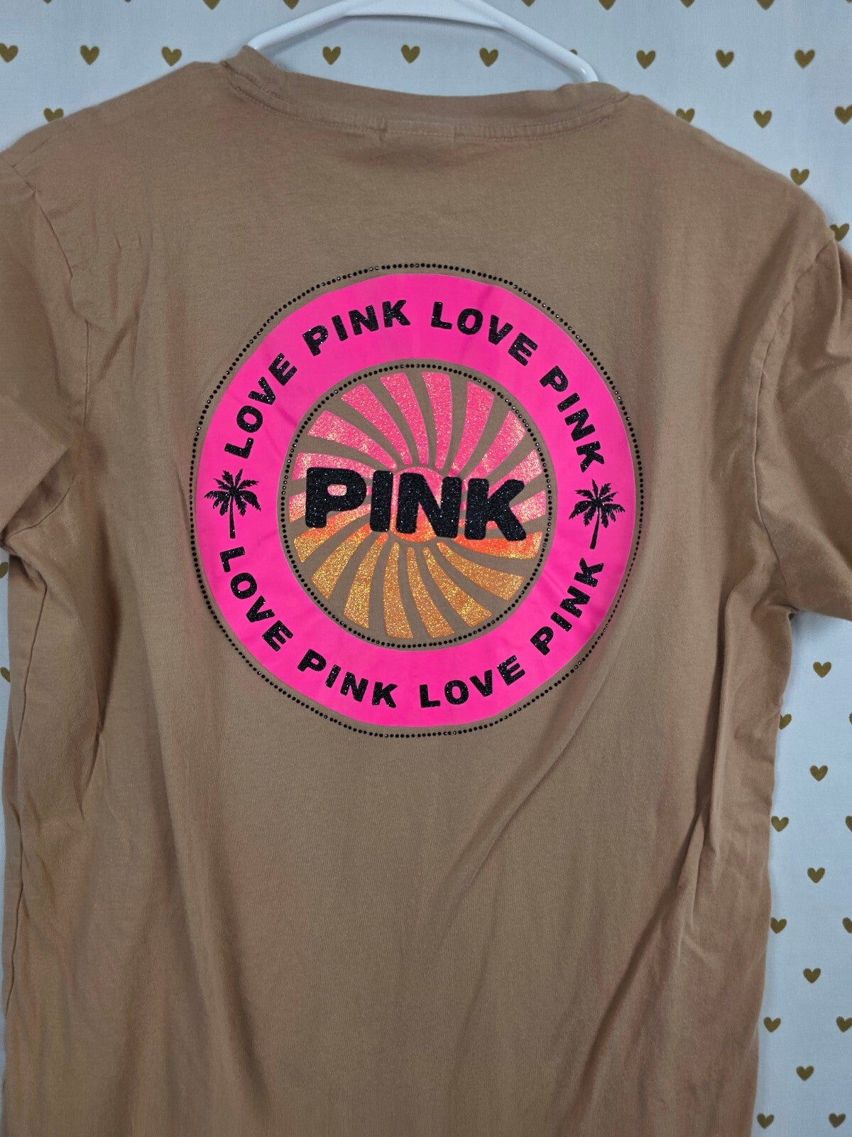 Victorias Secret PINK Beige Bling Studded Logo Tee shirt Small