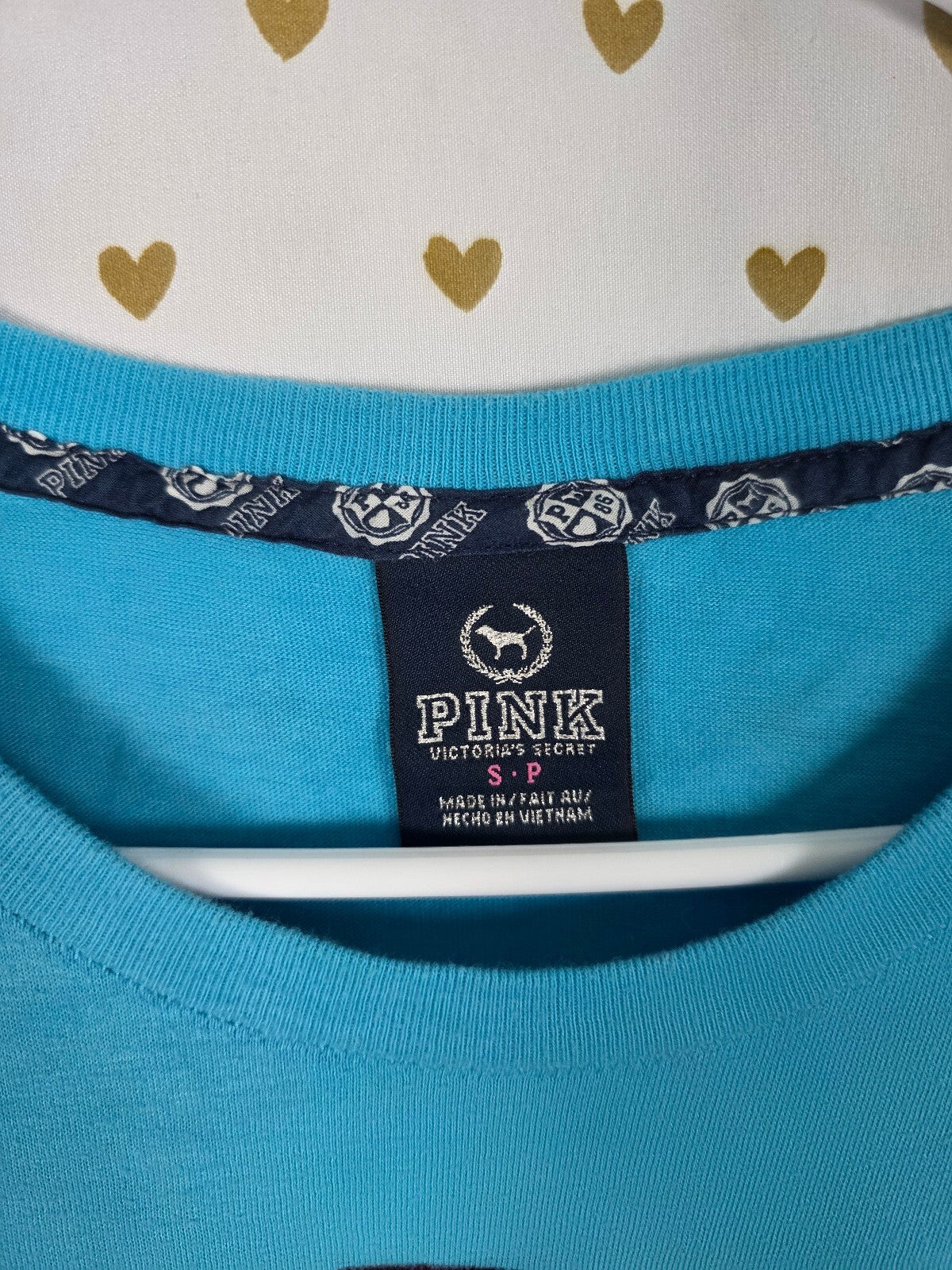 Victorias Secret PINK Vintage Bling Glitter Peace tee shirt Blue SMALL cotton