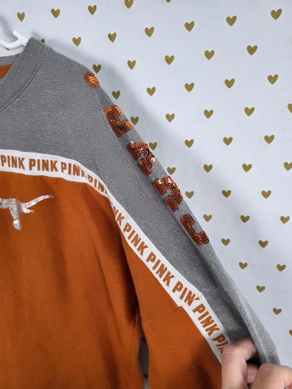 Victorias Secret Pink Texas Longhorns BLING Sequined Logo Sweater Shirt Medium
